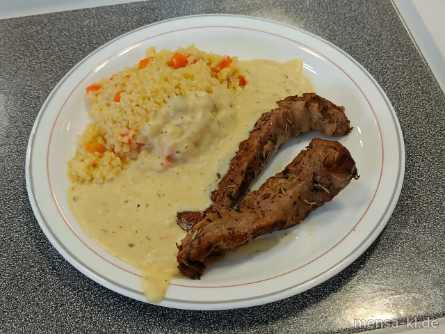 Mariniertes Lammfilet (L) Fetacreme (Gl,La) und Bulgur (Gl), dazu einen Beilagensalat nach Wahl