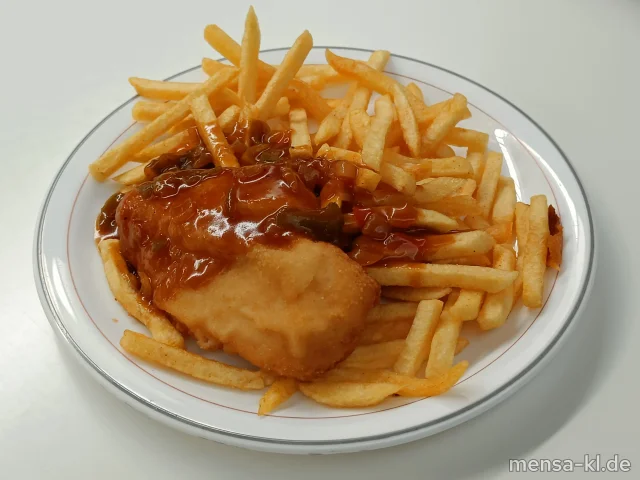 Paniertes Hähnchenbrustfilet (Gl,G) mit Paprika-Zwiebel-Soße (Gl), Pommes frites und Salat