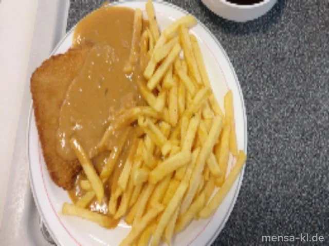 Paniertes Schweineschnitzel (Gl,S) mit Zwiebel-Rahmsoße (Gl,La), Pommes frites und Kaisergemüse (Gl,La)