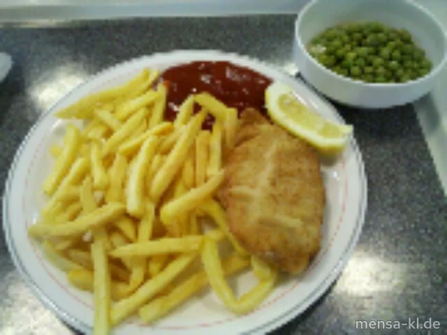 Cordon bleu mit Schinken und Käse gefüllt (1,2,3,S), Pommes-Frites und feine Erbsen