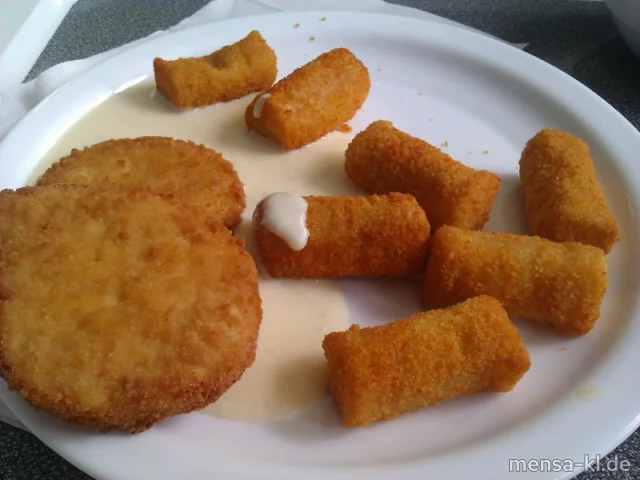 Käseschnitzel "Valess" mit Sauce Crème-fraîche, Kroketten (1) und Blumenkohl-Gemüse