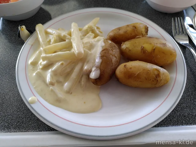 Pfälzer Spargel mit veganer Hollandaise (1,Sf), neue Kartoffeln und Salat