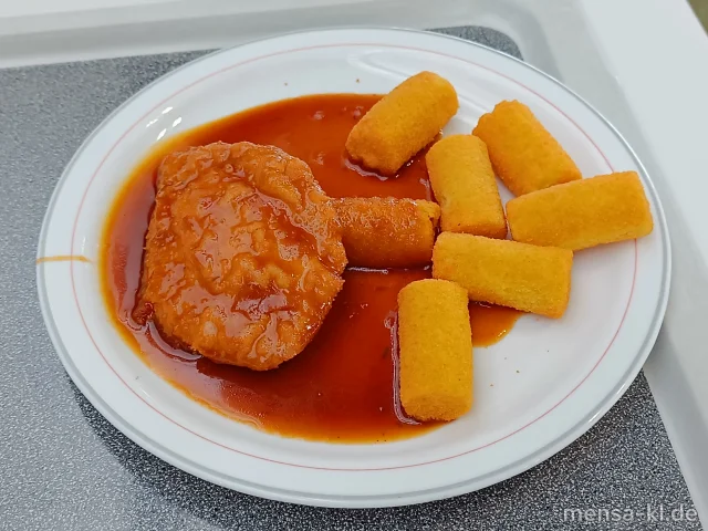 Hähnchen-Cordon-bleu mit Truthahnschinken und Käse gefüllt (1,2,Gl,La,G) mit Bratensoße (1,Gl,Sf), Kroketten (Gl) und Salat