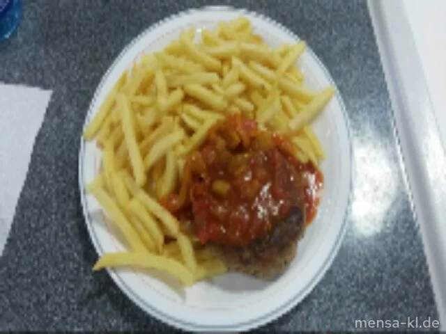 Große Frikadelle (3,4,8,R,S) mit feuriger Soße und Pommes frites
