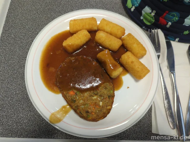 Gemüse-Knusperschnitzel (Gl,Sl) mit Bratensoße (1,Sf), Kroketten (Gl) und Karottensalat (1,5,Sw,Sf)