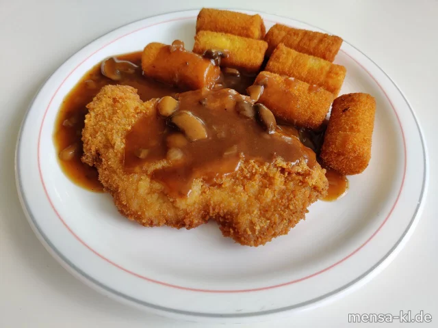Paniertes Schweineschnitzel (Gl,S) "Jäger Art" mit Kroketten (Gl) und Salat