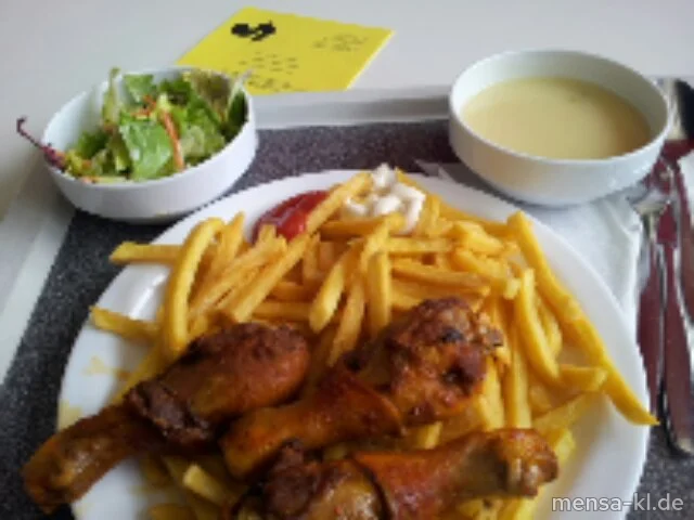 Chicken Drums (3,G), Pommes-Frites und Salat