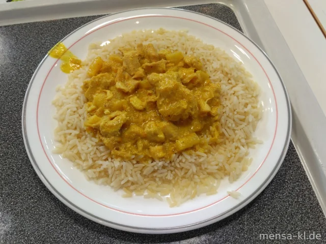 Hähnchencurry (G) mit Früchten (1,4,Gl,La,Sf), Reis und Salat
