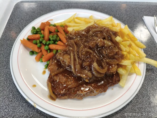 Schwenksteak (4,Sf,S) mit Schmorzwiebelsoße (Gl), Pommes frites und Erbsen-Karotten-Gemüse (La)