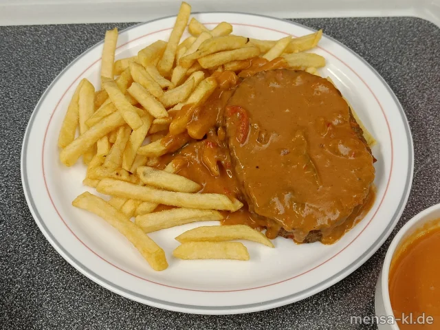 Vollkorn-Pilz-Bratling (Gl,Ei,La,Sl,Se) mit Paprika-Zwiebel-Sahnesoße (Gl,La), Pommes frites und Salat