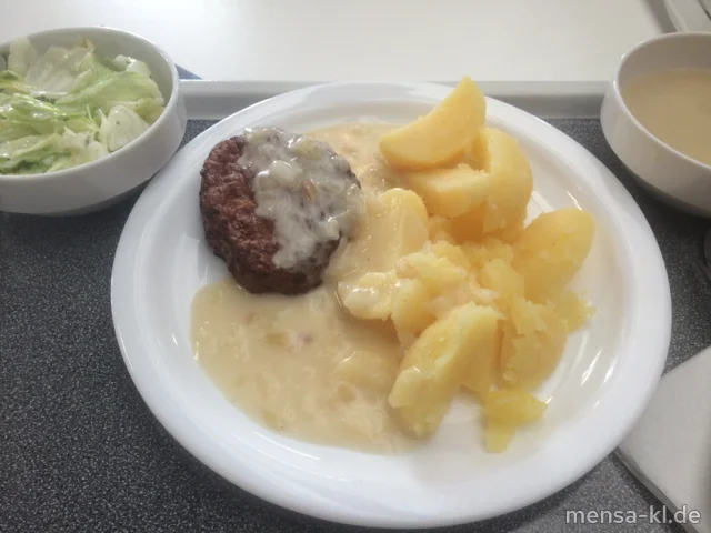 Frikadelle (R,S) mit Zwiwelsahnesoße (1,2,3), Salzgrumbeere und Salat