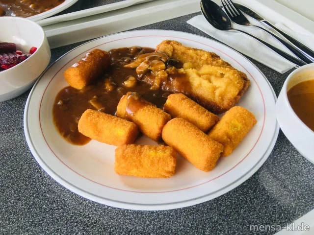 Paniertes Schweineschnitzel (Gl,Ei,S) mit Jägersoße (Sf), Kroketten (Gl) und Salat