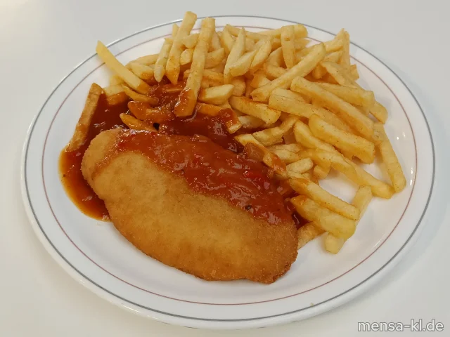 Paniertes Hähnchenbrustfilet (Gl,G) mit Paprika-Zwiebel-Soße (Gl), Pommes frites und Kohlrabigemüse (Gl)