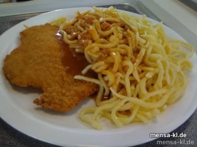 Paniertes Schnitzel (S) "Jäger Art", Spätzle und Salat