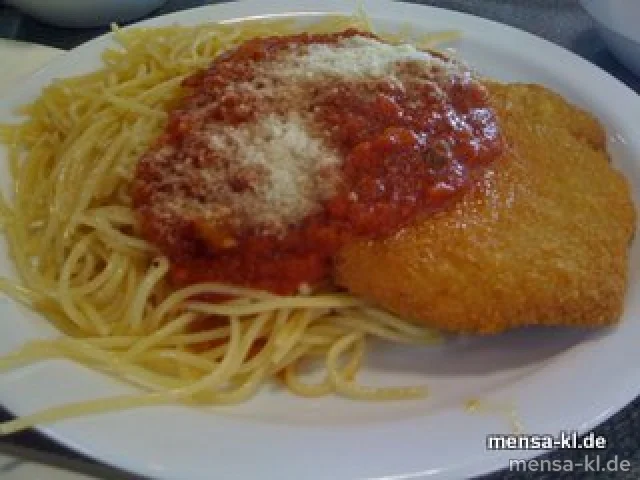 Paniertes Schnitzel (S) "Mailänder Art" mit Spaghetti, Tomatensoße, geriebenem Hartkäse und Salat