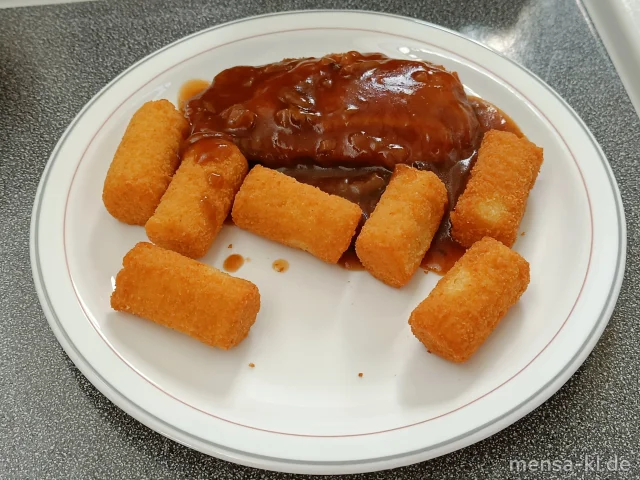 Paniertes Hähnchenbrustfilet (Gl,G) "Jäger Art" (Gl) mit Kroketten (Gl) und Kaisergemüse