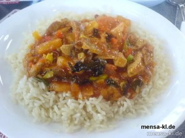 Schweinegeschnetzeltes "chinesisch" süß-sauer (1), Reis und Salat