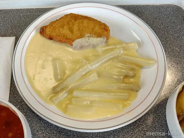 Paniertes Hähnchenbrustfilet (Gl,G), neue Kartoffeln und Pfälzer Spargelragout (Gl,Ei,La,Sl)