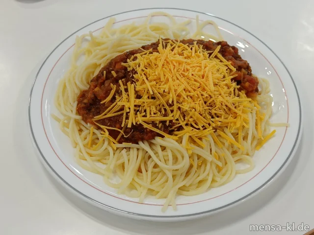Spaghetti (1,Gl) mit Linsenbolognese (1,5,Sw),veganem Cheddar (1) und Salat