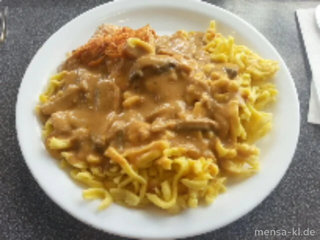 Truthahnsteak (Gl,G) mit Champignon-Rahmsoße (2,5,Gl,La,Sw,Sf) und Spätzle (1,Gl,Ei,La)