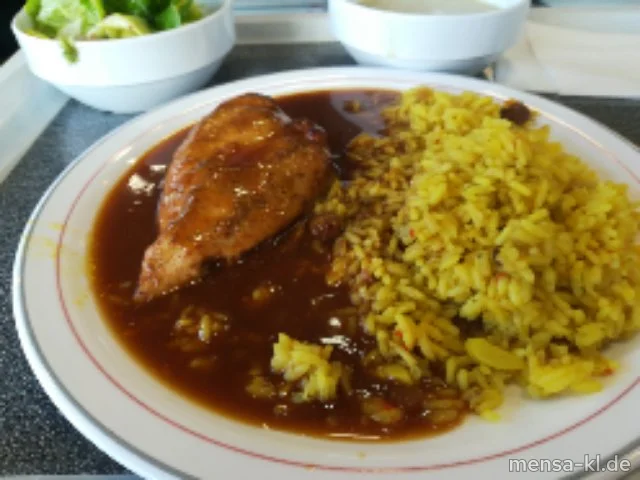 Hähnchenbrustfilet (G) "Raz el Hanout" (3,Gl,Sl,G) mit orientalischem Reis (Nu,Sl,Sf,Se) und Salat