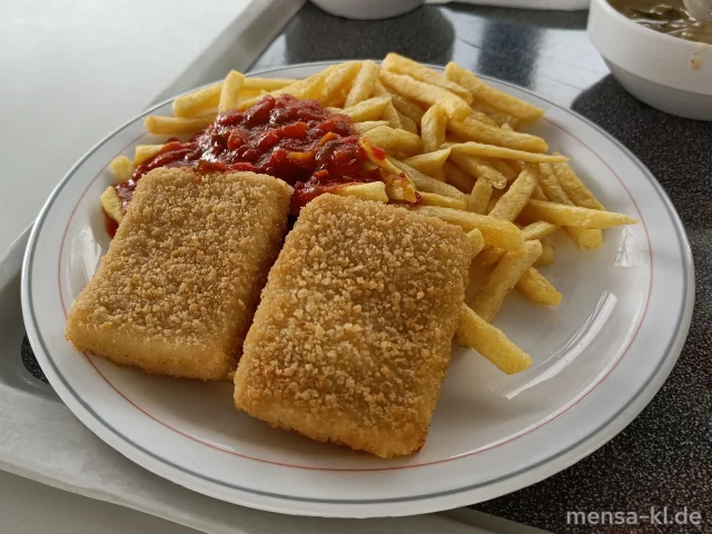 Gebackener griechischer Hirtenkäse (Gl,La,V) mit Pusztasoße (9,Gl,Sl,V), Pommes frites (V) und Salat (V)