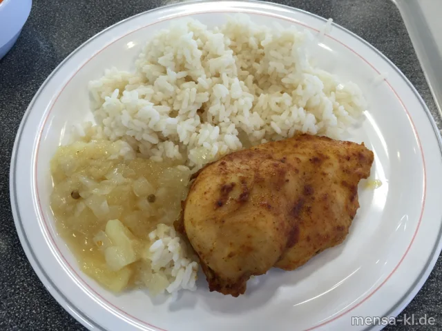 Hähnchenbrustfilet (G) mit Chili-Ananas-Zwiebel-Dip (1,3,5,Gl,Sw), Reis (1) und Karottengemüse (1,La)