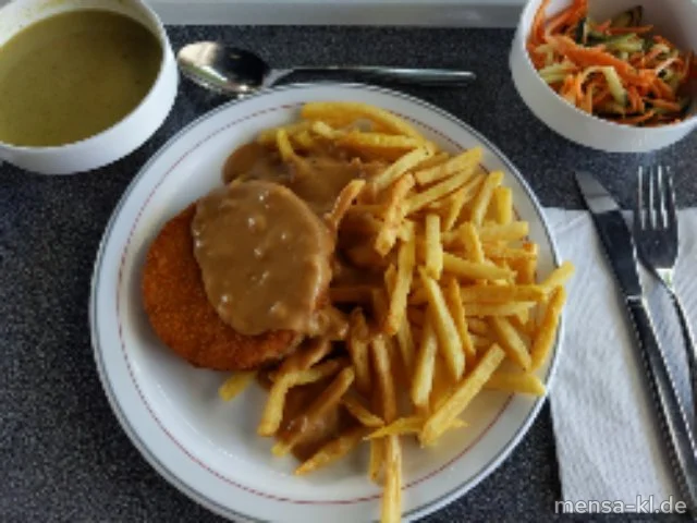 Blumenkohl-Käse-Medaillon (Gl,Ei,La) mit Zwiebelrahmsoße (Gl,La,Sf), Pommes frites und Salat (Sl)