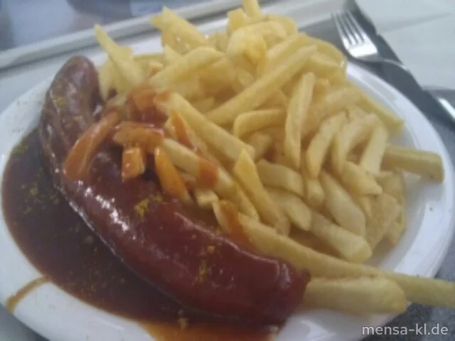 Rote Currywurst (R/2/3/4) - auf Wunsch mild, scharf oder extra-scharf -, dazu Pommes-Frites