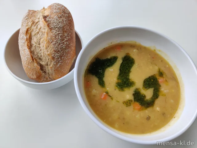 Italienischer Erbseneintopf (1,5,Gl,Sw,Sl) mit Basilikumöl (Nu), dazu ein rustikales Baguettebrötchen (Gl)