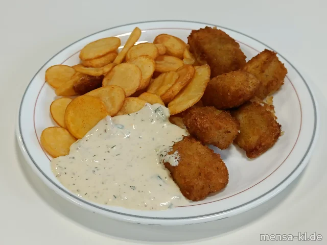 Fisch-Nuggets im Backteig (Fi,Gl,La,Sf) mit Remoulade (1,9,Gl,Ei,La,Sf), Pommes-Chips und Salat