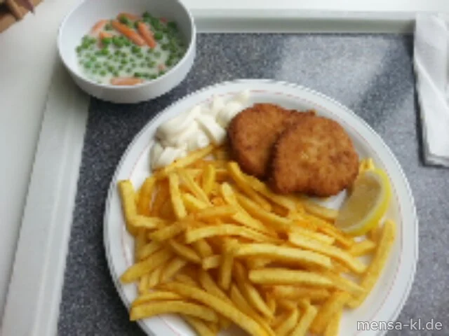 Schnitzel "Valess" (V) mit Pommes frites (V) und Erbsen-Karotten-Gemüse (V,A)