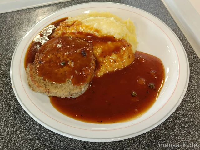 BIO Frikadelle (Fleisch vom Bärenbrunnerhof) (Gl,Ei,R,S) mit Pfeffersoße, Kartoffelstampf (5,La,Sw) und Salat