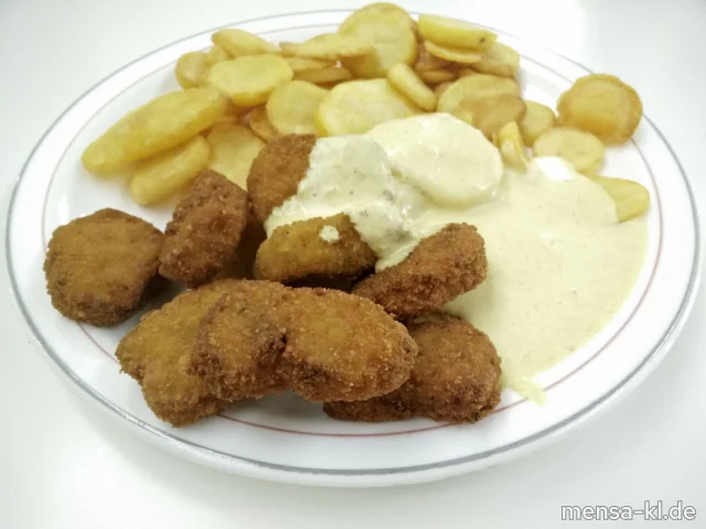 Gemüse-Nuggets (Gl,Ei,La,Sl,V) mit Curry-Dip (9,Gl,Ei,La,Sf,So,V), Pommes-Chips (V) und Salat (V)