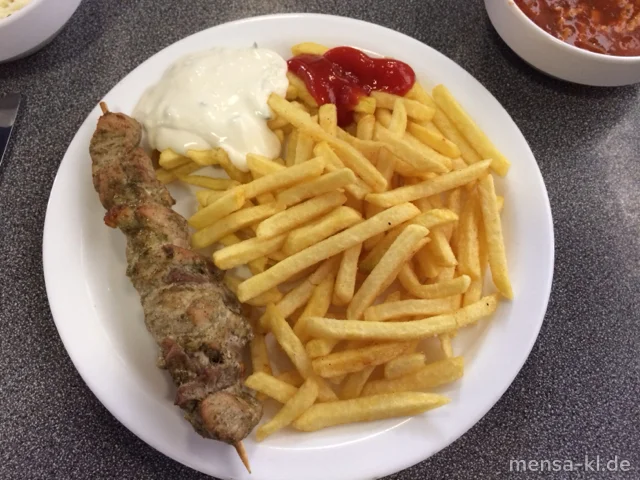 Fleischspieß 'Gyros Art' (4,S) mit Tzatziki, Pommes frites und Weißkohlsalat