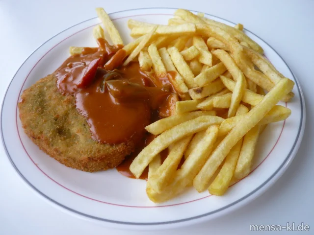 Gemüseschnitzel (Gl,Ei,La,Sl,V) mit Paprikarahmsoße (Gl,La,V), Pommes frites (V) und Salat (V)