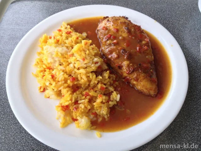 Hähnchenbrustfilet (Gl,G) "Raz el Hanout" (Gl,Sl,G) mit orientalischem Reis (Nu,Sl) und Salat