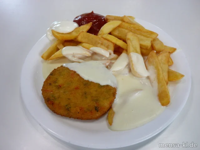 Gemüseschnitzel (Gl,Ei,La,Sl,V) mit Käse-Sahnesoße (2,Gl,Ei,La,V), Steakhouse-Frites und Salat (V)