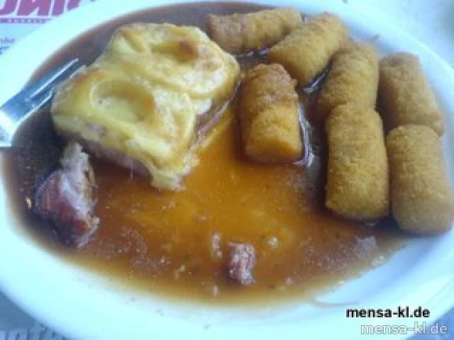 Kassler Rauchrücken (S) mit Ananas und Käse überbacken, Kroketten (1) und Salat