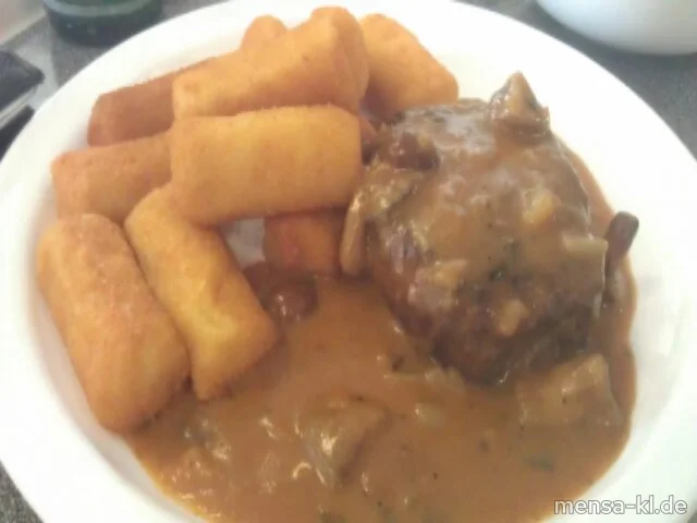 Wildschwein-Frikadelle (2,3,W) mit Waldpilzsoße und Kroketten (1)