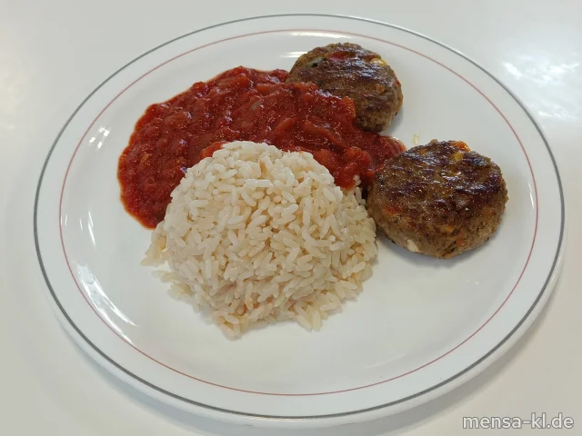 Zwei Köfta (Rinderhacksteak mit Gemüse und Hirtenkäse) (Gl,Ei,La,R) mit Pusztasoße (9,Sl), Reis und Salat