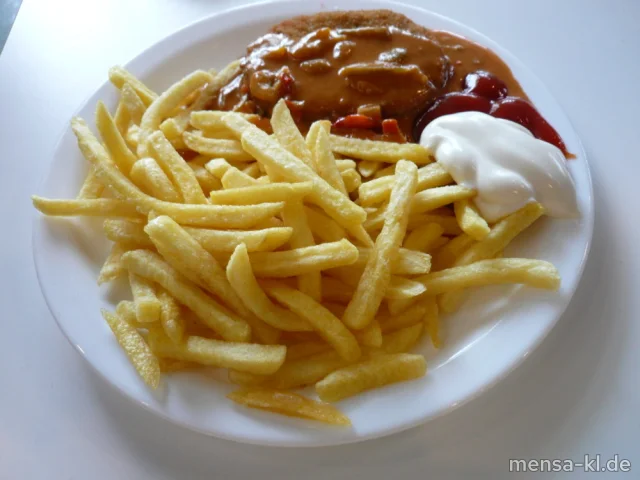Gemüseschnitzel (Gl,Ei,La,Sl,V) mit Paprikasoße (Gl,La,V), Pommes frites (V) und Salat (V)