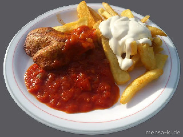 Gegrilltes Hähnchenbrustfilet "Bloody Marry" (G,Lfrei,A), Grusel-Frites (Lfrei) und Salat (Lfrei)