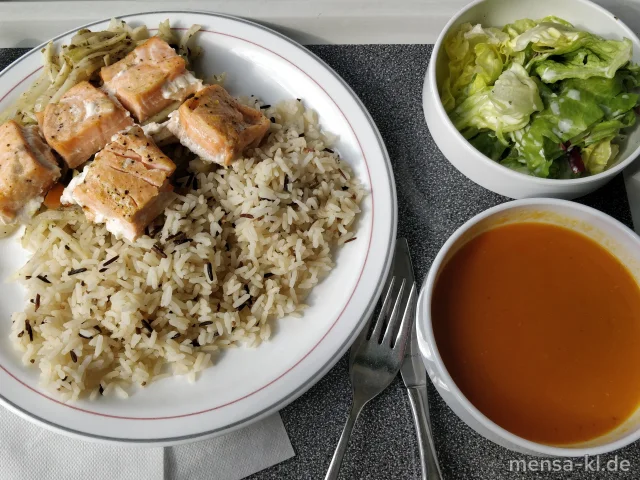 Ofen Fenchel-Kohlrabi in Kräutermarinade mit Thymian-Lachs (Fi), Reis mit Wildreis und Salat