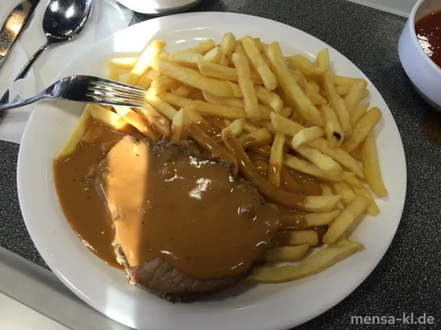 Rahmbraten (S) mit Brasilsoße (2,3,5,Gl,La,Sw), Pommes frites und Salat