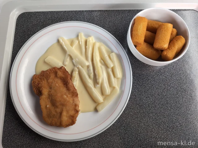 Paniertes Hähnchenbrustfilet (Gl,G) mit Pfälzer Spargelragout (Gl,Ei,La,Sl) und Kroketten (Gl)