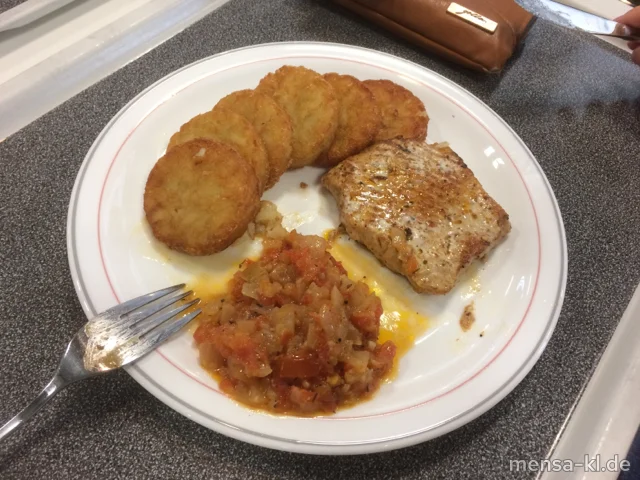 Schweinerückensteak (Sf,S) mit Knoblauch, Tomaten und Kartoffelrösti