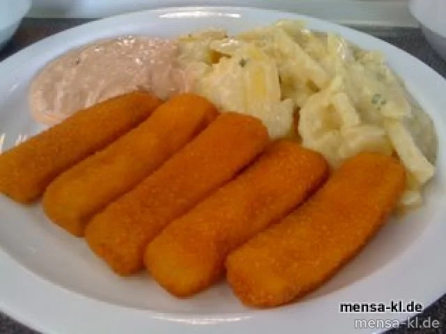 Fischstäbchen mit Cocktail-Dip (1), Kartoffelsalat (1) und Salat