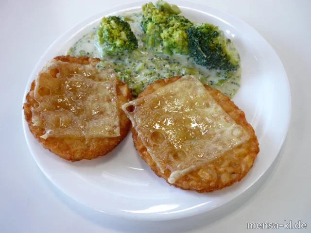 Zwei Schweizer Rösti mit Emmentaler überbacken (La,V), Broccoli-Rahmgemüse (Gl,La,V) und Salat (V)