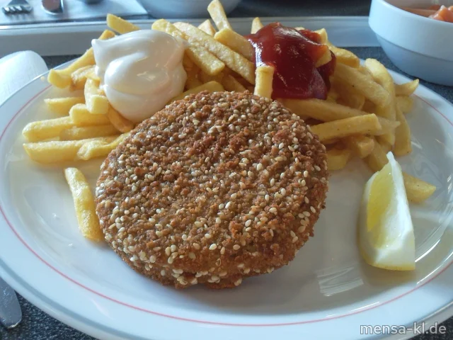 Vollkorn-Pilz-Brätling (2), Pommes-Frites und Buttermais